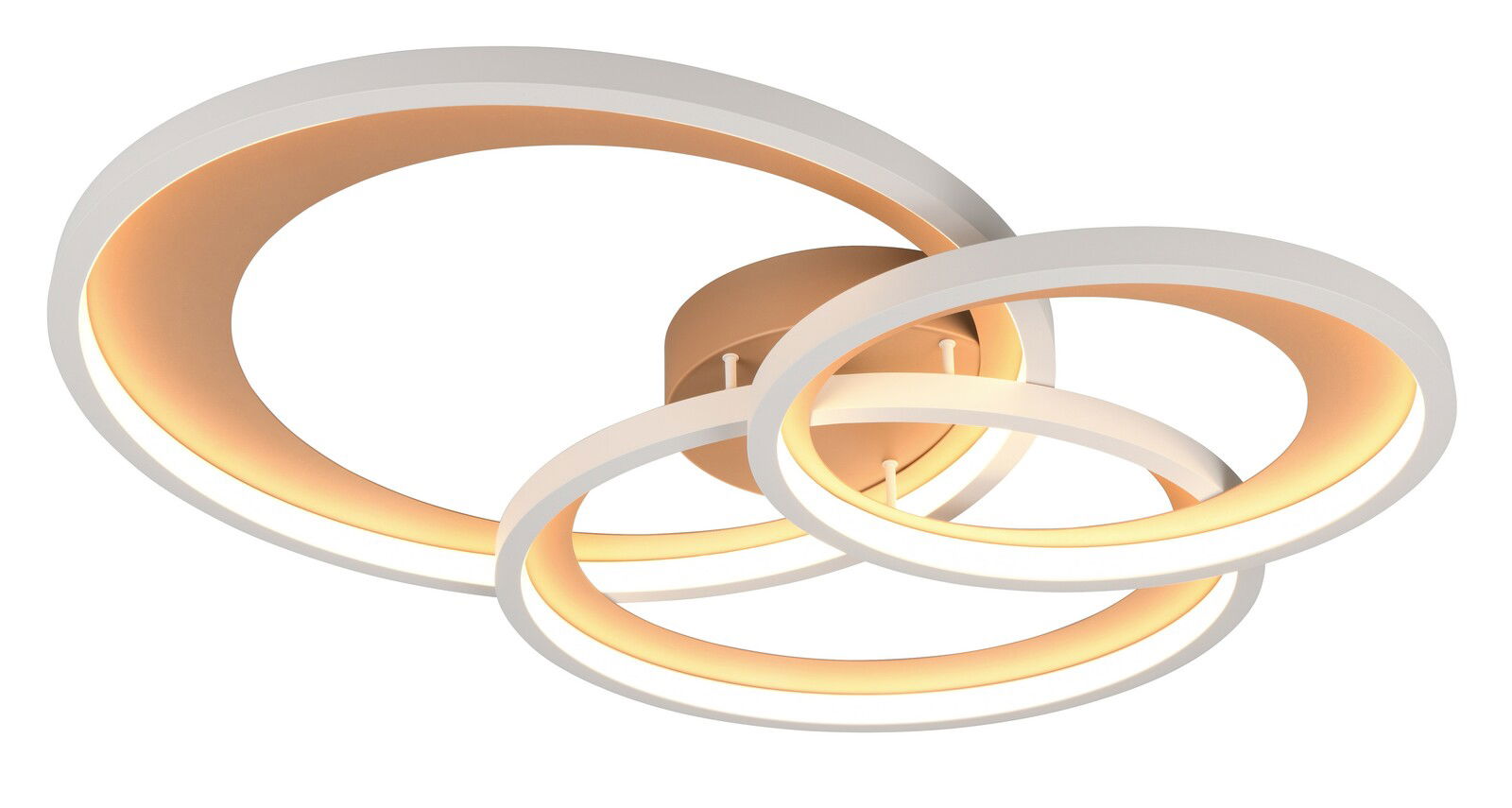 Moderne Deckenleuchte mit drei ineinander verschlungenen Ringen, seitliche Perspektive
