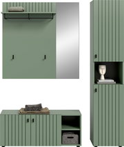Grünes Garderobenmöbel-Set im modernen Lamellen-Design mit Wandpaneel und Spiegel, Sitzbank mit Stauraum sowie hohem Schrank mit offenem Fach, gezeigt in Frontalansicht und Seitenansicht.