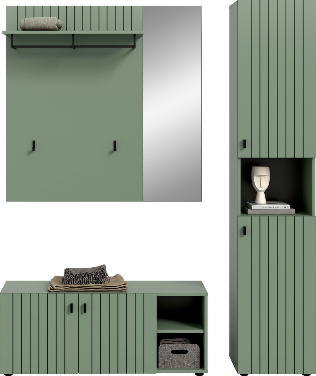 Grünes Garderobenmöbel-Set im modernen Lamellen-Design mit Wandpaneel und Spiegel, Sitzbank mit Stauraum sowie hohem Schrank mit offenem Fach, gezeigt in Frontalansicht und Seitenansicht.