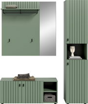 Grünes Garderobenmöbel-Set im modernen Lamellen-Design mit Wandpaneel und Spiegel, Sitzbank mit Stauraum sowie hohem Schrank mit offenem Fach, gezeigt in Frontalansicht und Seitenansicht.