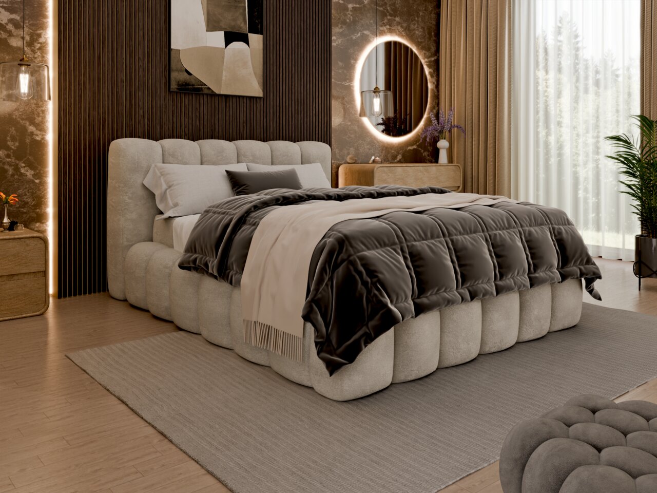 Modernes Polsterbettgestell in einem stilvoll eingerichteten Schlafzimmer, seitliche Perspektive.
