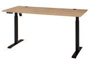 Moderner höhenverstellbarer E-Schreibtisch mit Holzfurnier-Oberfläche und schwarzem Metallgestell, seitliche Perspektive.