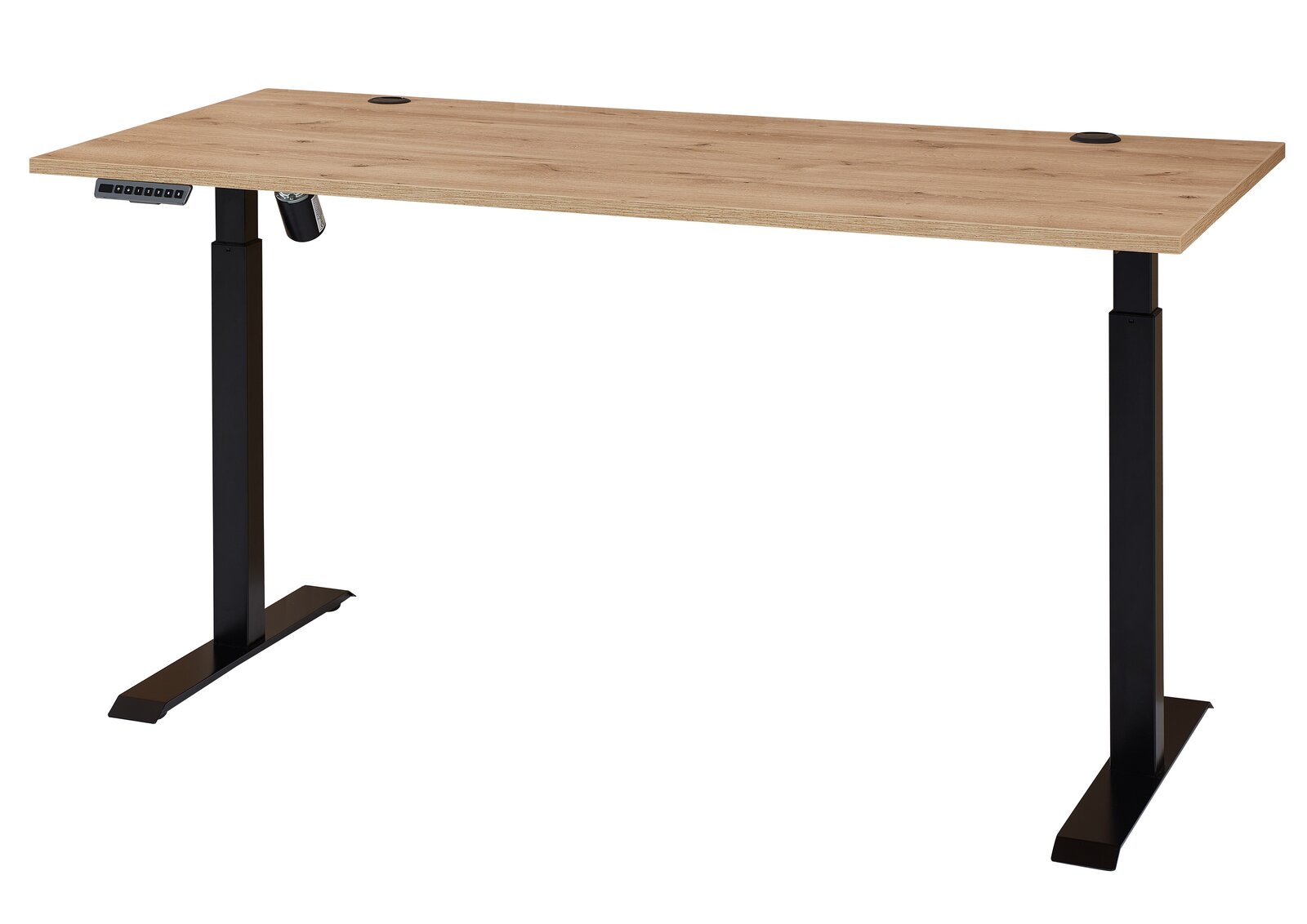 Linea Natura E-Schreibtisch Furnier SONOS Moderner höhenverstellbarer E-Schreibtisch mit Holzfurnier-Oberfläche und schwarzem Metallgestell, seitliche Perspektive.