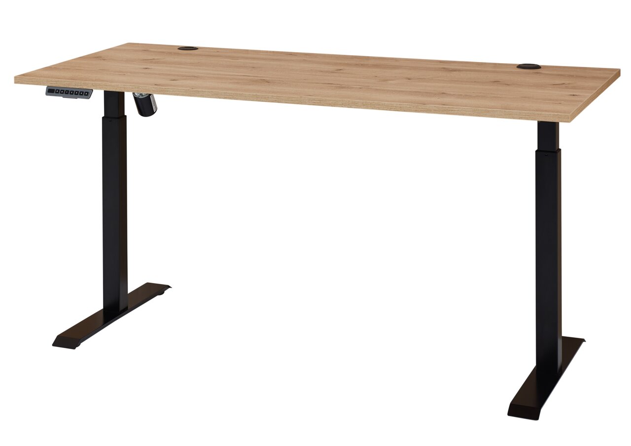 Moderner höhenverstellbarer E-Schreibtisch mit Holzfurnier-Oberfläche und schwarzem Metallgestell, seitliche Perspektive.