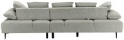 Rückansicht eines modernen, grauen Ecksofas mit mehreren Kissen und schwarzen Beinen.