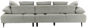 Rückansicht eines modernen, grauen Ecksofas mit mehreren Kissen und schwarzen Beinen.