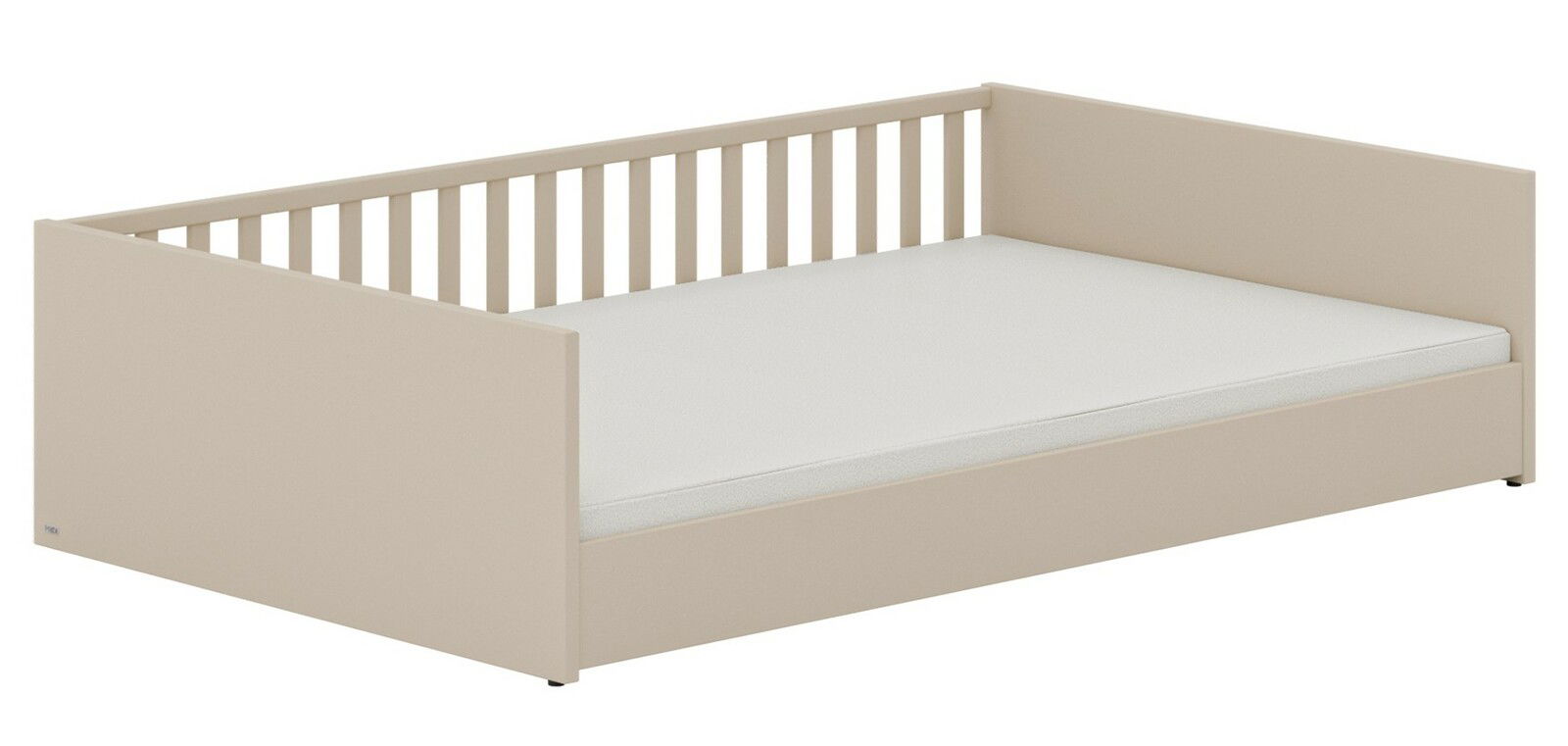 Beiges Bodenbett mit Gitter an der Rückseite, seitlicher Blickwinkel