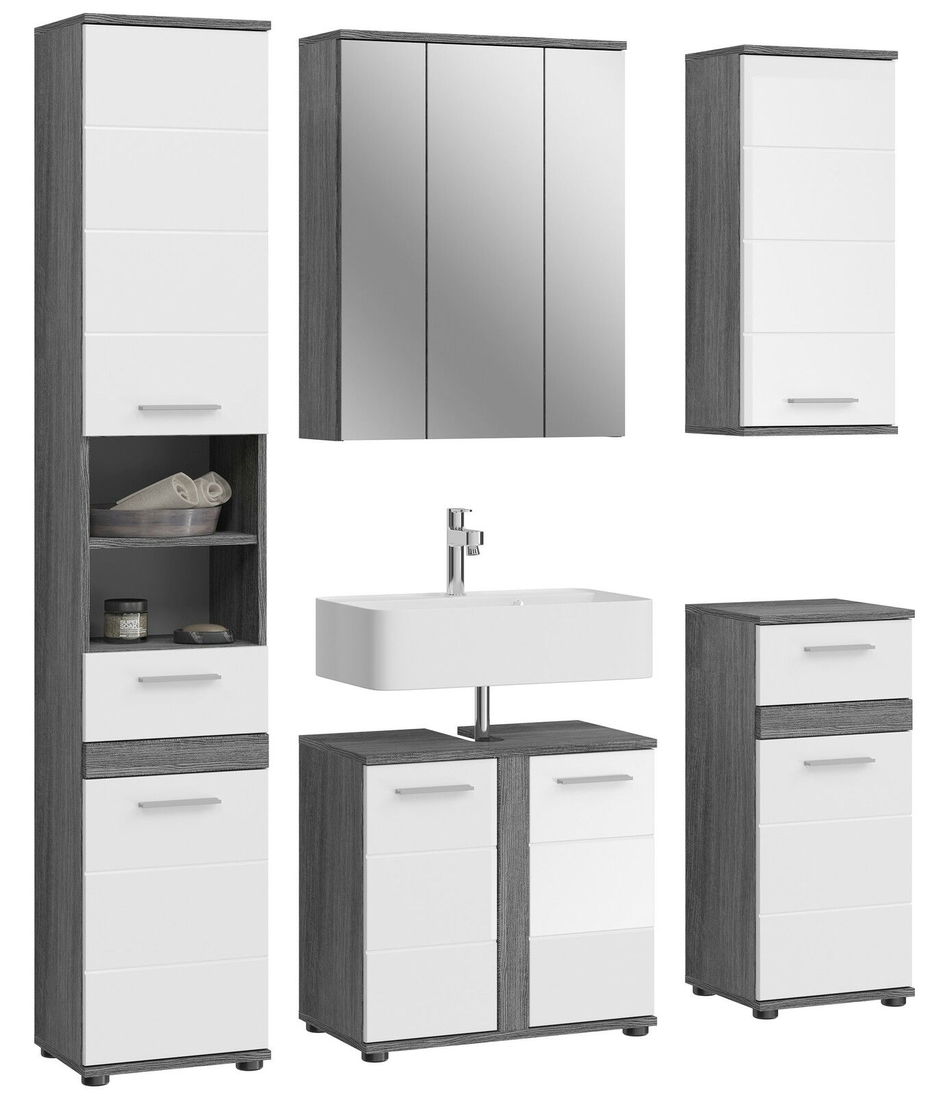 Moderne Badkombination mit grauen und weißen Schränken, Spiegel und Waschbecken, Frontalansicht