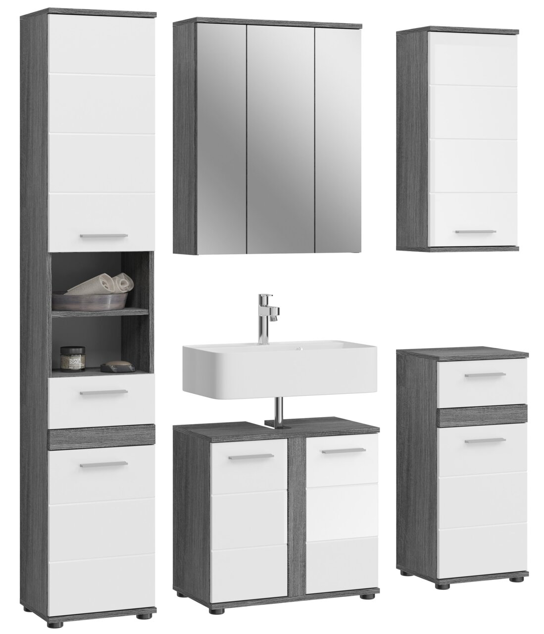Moderne Badkombination mit grauen und weißen Schränken, Spiegel und Waschbecken, Frontalansicht