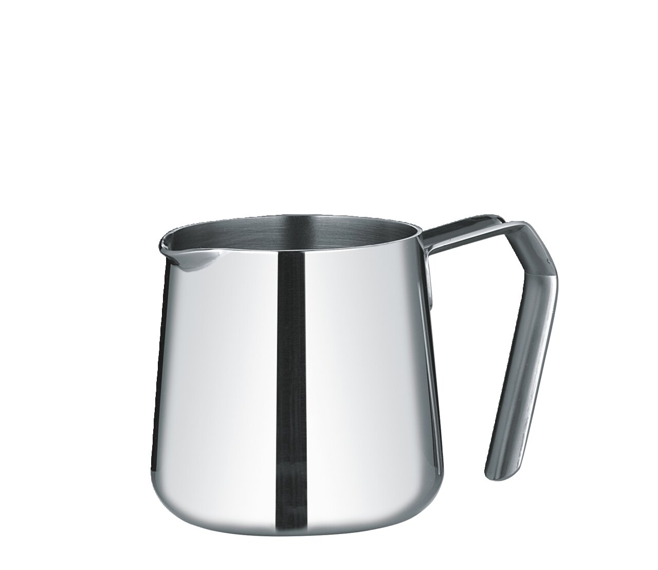 Edelstahl Latte Macchiato Kännchen mit Ausguss und Griff, seitliche Perspektive