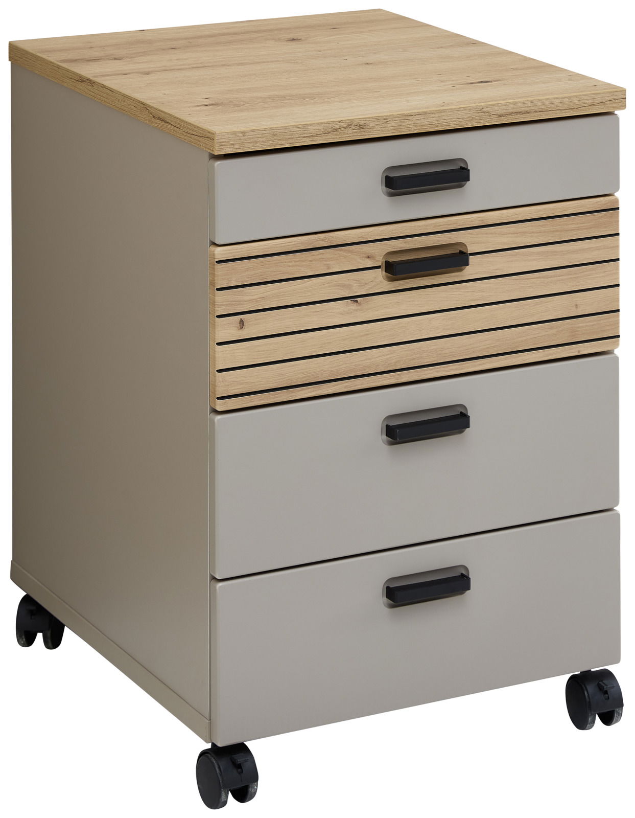 Voleo Rollcontainer GLENN Rollcontainer mit vier Schubladen, Holz- und Metalloptik, auf Rollen, seitliche Perspektive