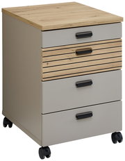 Rollcontainer mit vier Schubladen, Holz- und Metalloptik, auf Rollen, seitliche Perspektive