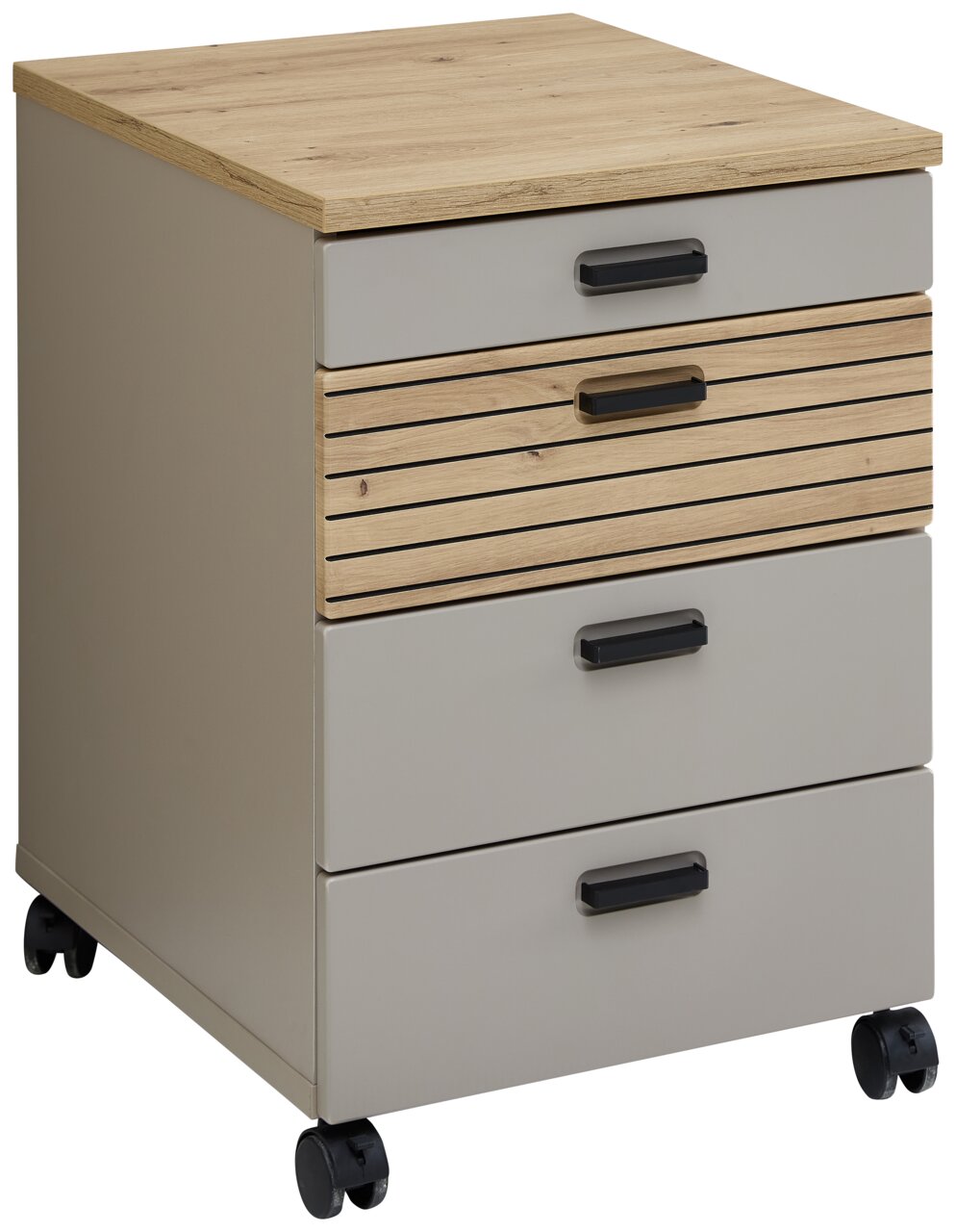 Rollcontainer mit vier Schubladen, Holz- und Metalloptik, auf Rollen, seitliche Perspektive