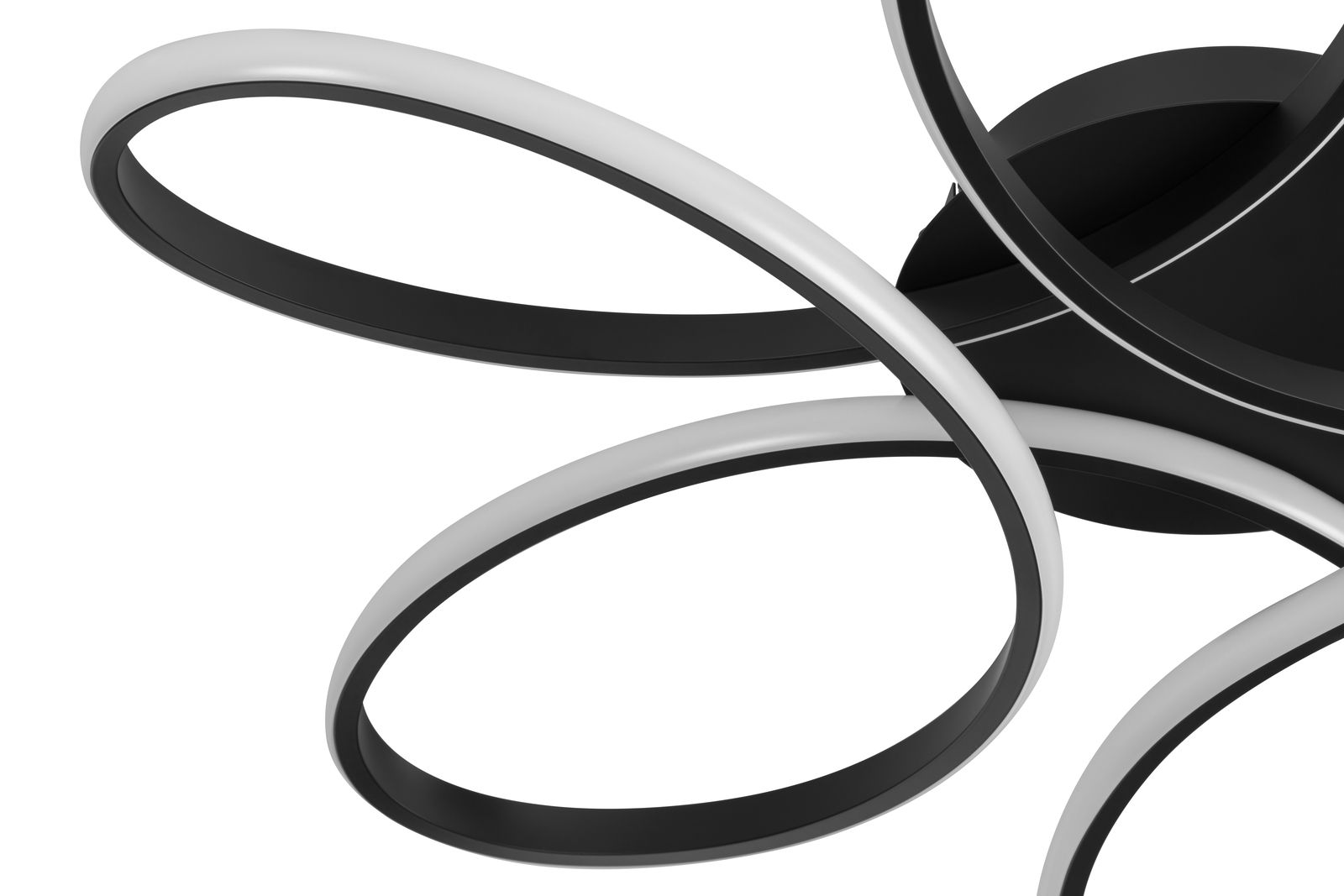 Moderne LED-Deckenleuchte mit geschwungenen, schwarzen und weißen Ringen, seitliche Perspektive