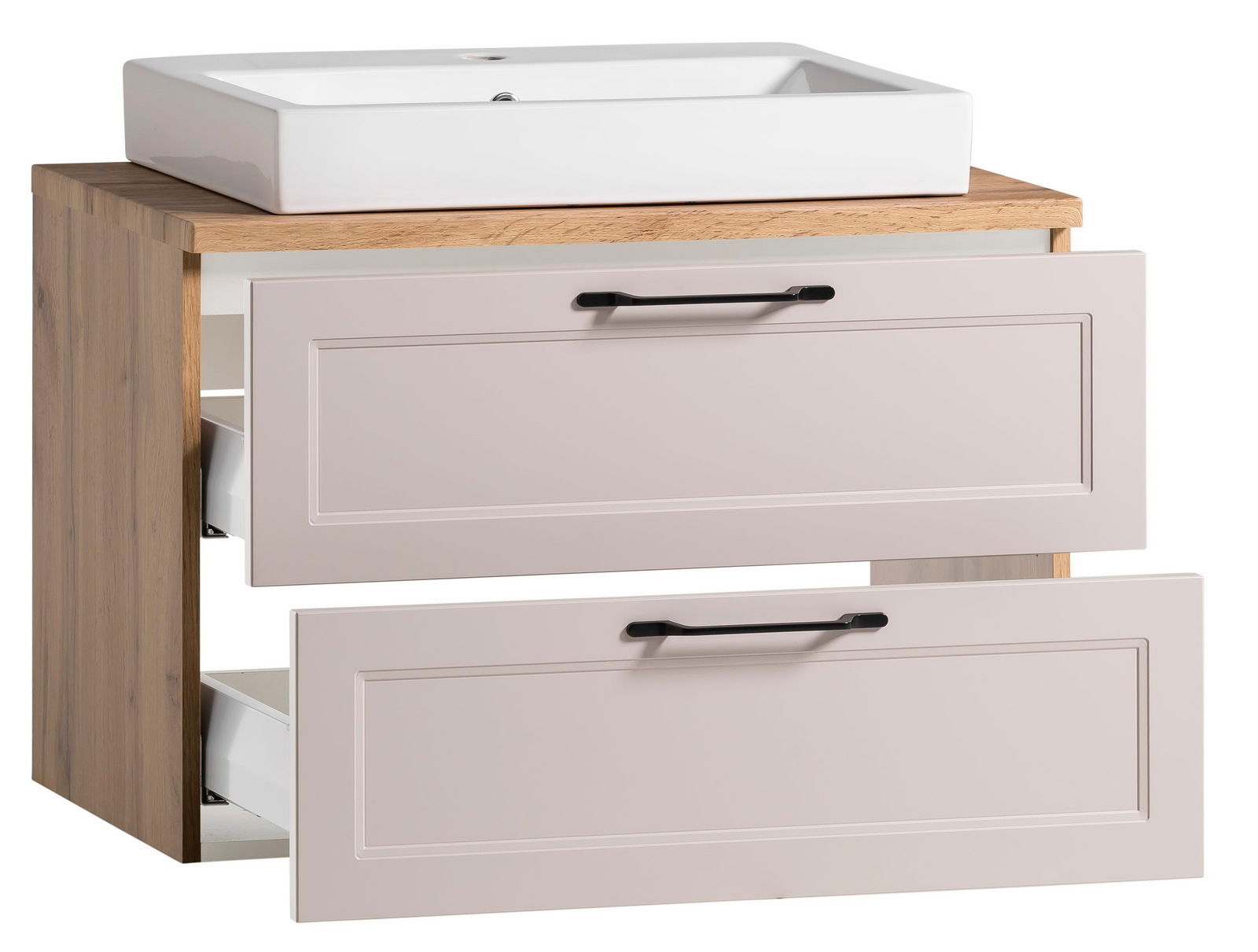 XORA Waschtisch-Set MERAN Waschtisch-Set mit rechteckigem, weißem Waschbecken auf einer Holzoberfläche und zwei offenen Schubladen, Frontansicht
