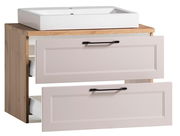 Waschtisch-Set mit rechteckigem, weißem Waschbecken auf einer Holzoberfläche und zwei offenen Schubladen, Frontansicht