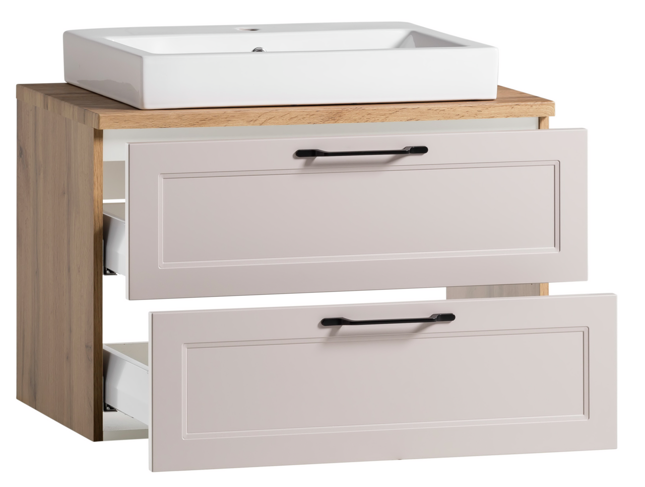 XORA Waschtisch-Set MERAN Waschtisch-Set mit rechteckigem, weißem Waschbecken auf einer Holzoberfläche und zwei offenen Schubladen, Frontansicht