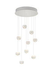 Moderne Pendelleuchte mit acht kugelförmigen Lampen, von unten betrachtet, an dünnen Kabeln hängend, ideal für stilvolle Innenräume.