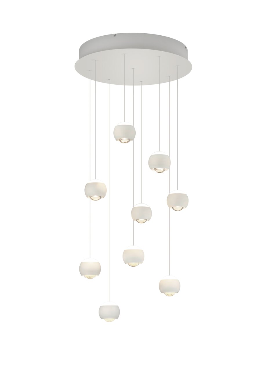 Moderne Pendelleuchte mit acht kugelförmigen Lampen, von unten betrachtet, an dünnen Kabeln hängend, ideal für stilvolle Innenräume.