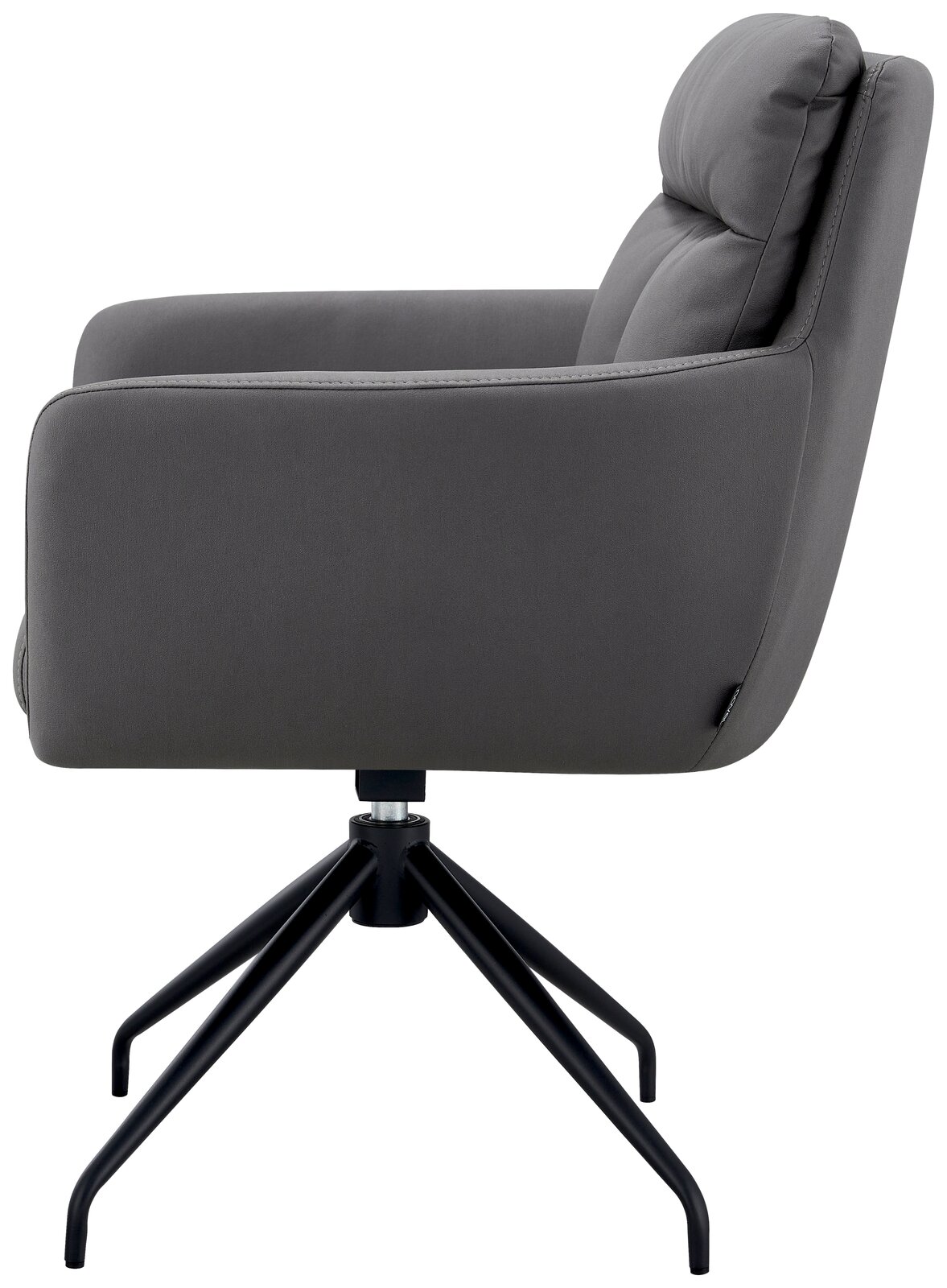 Seitenansicht eines grauen Armlehnstuhls mit schwarzem Metallgestell und gepolsterter Rückenlehne.