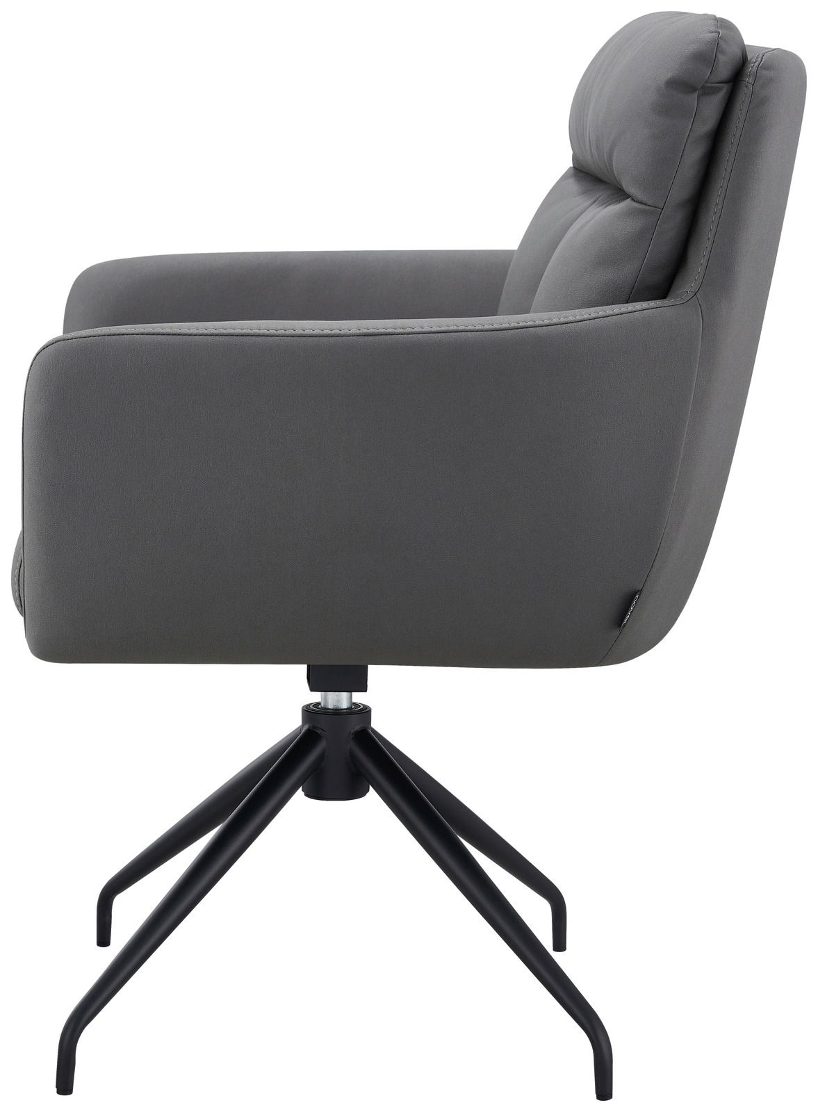 Seitenansicht eines grauen Armlehnstuhls mit schwarzem Metallgestell und gepolsterter Rückenlehne.