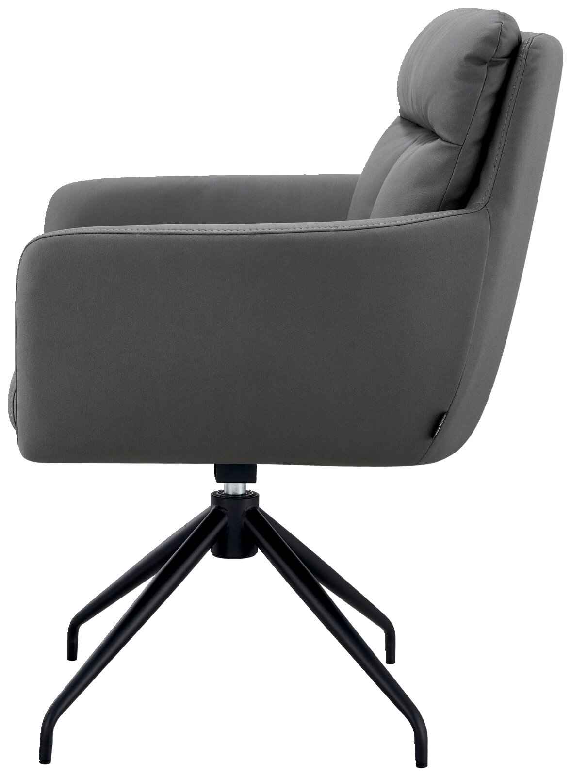 Zijaanzicht van een grijze fauteuil met een zwart metalen frame en een gestoffeerde rugleuning.