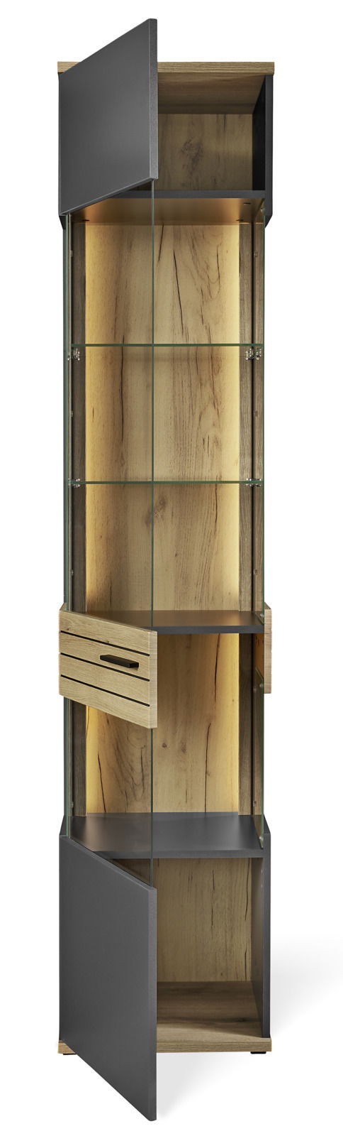 Moderne Vitrine aus Holz und Glas mit geöffneter Tür, frontal betrachtet.