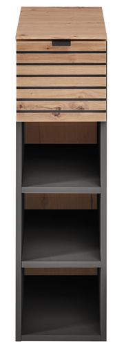 Frontansicht eines modernen Hängeregals mit Holz- und Metallelementen, drei offenen Fächern und einer Schublade.