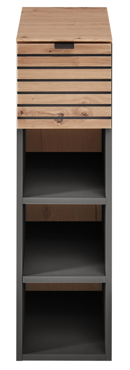 Frontansicht eines modernen Hängeregals mit Holz- und Metallelementen, drei offenen Fächern und einer Schublade.