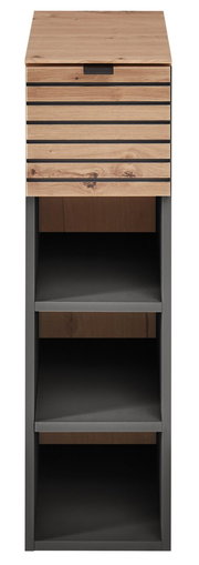 Frontansicht eines modernen Hängeregals mit Holz- und Metallelementen, drei offenen Fächern und einer Schublade.