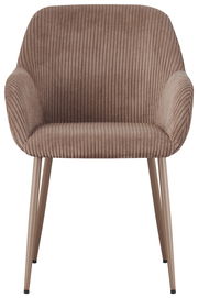 Vorderansicht eines braunen Armlehnstuhls mit geripptem Stoffbezug und schlanken Metallbeinen.