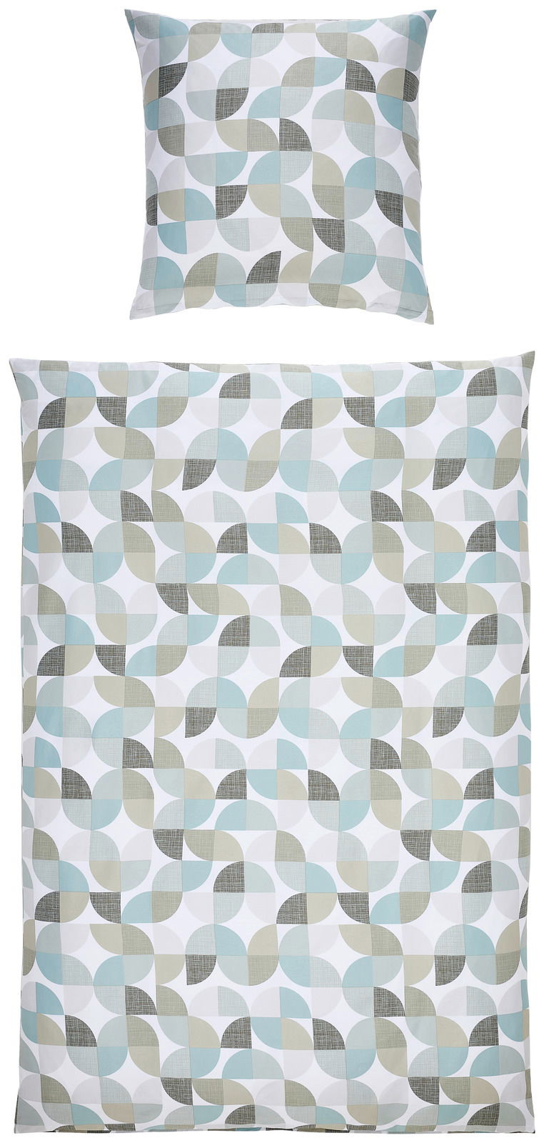 Bettwäsche-Set mit geometrischem Muster in Blau- und Beigetönen, Draufsicht