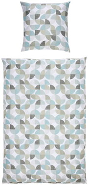 Bettwäsche-Set mit geometrischem Muster in Blau- und Beigetönen, Draufsicht