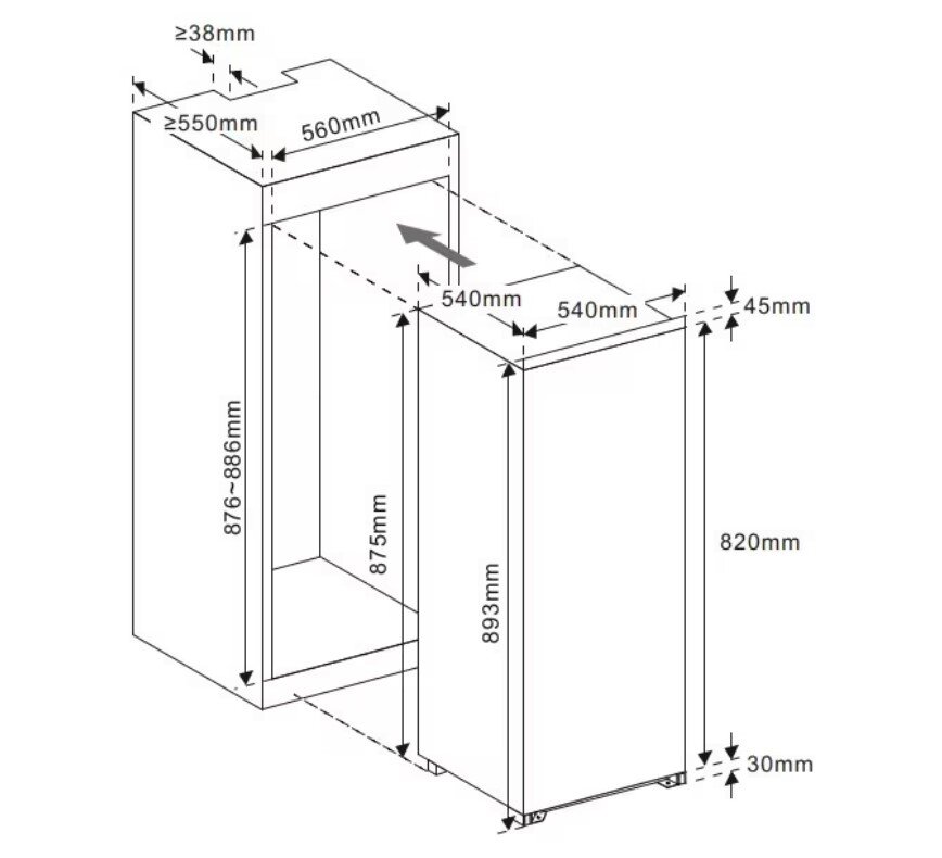 Technische Maßzeichnung eines ausziehbaren Küchenschranks/Unterschranks in isometrischer 3D-Ansicht (schräg von vorn), mit angegebenen Einbaumaßen wie 560 mm Breite, 540 mm Tiefe und Höhenangaben bis ca. 893 mm.