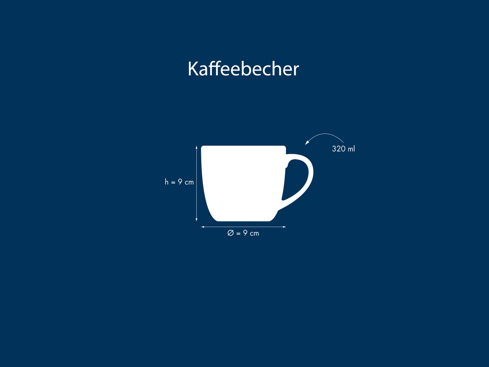 Weiße Silhouette eines Kaffeebechers mit Henkel in Seitenansicht, mit Maßangaben 320 ml, Höhe 9 cm und Durchmesser 9 cm auf blauem Hintergrund