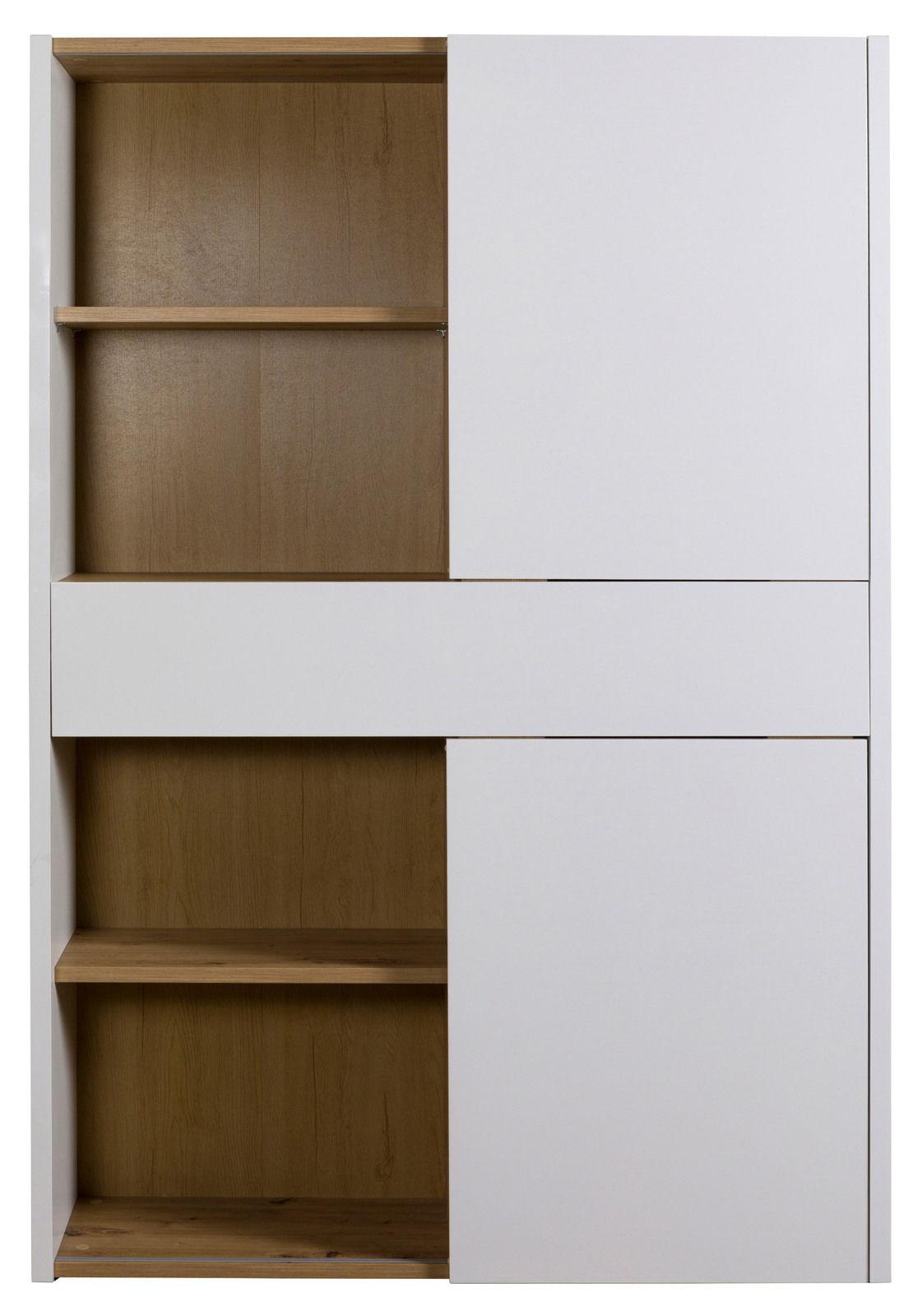 Frontale Ansicht eines modernen Aktenregals mit offenen und geschlossenen Fächern in Holzoptik und weißen Türen.