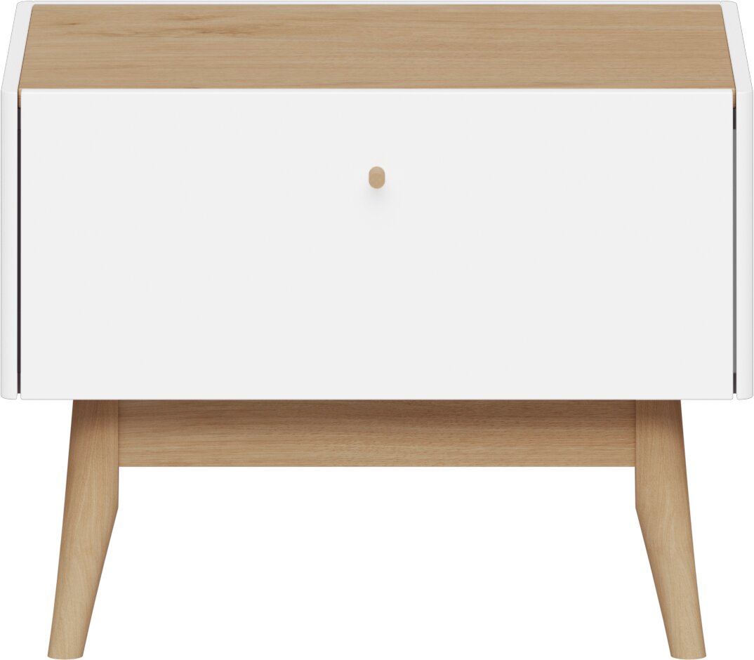 Moderne Nachtkonsole aus Holz mit weißer Front und Holzbeinen, Frontalansicht