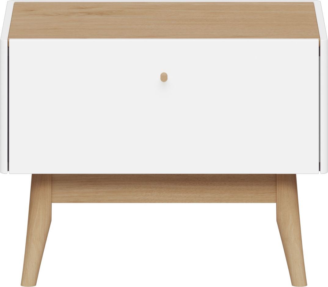 Moderne Nachtkonsole aus Holz mit weißer Front und Holzbeinen, Frontalansicht