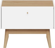Moderne Nachtkonsole aus Holz mit weißer Front und Holzbeinen, Frontalansicht