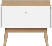 Moderne Nachtkonsole aus Holz mit weißer Front und Holzbeinen, Frontalansicht