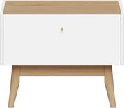 Moderne Nachtkonsole aus Holz mit weißer Front und Holzbeinen, Frontalansicht