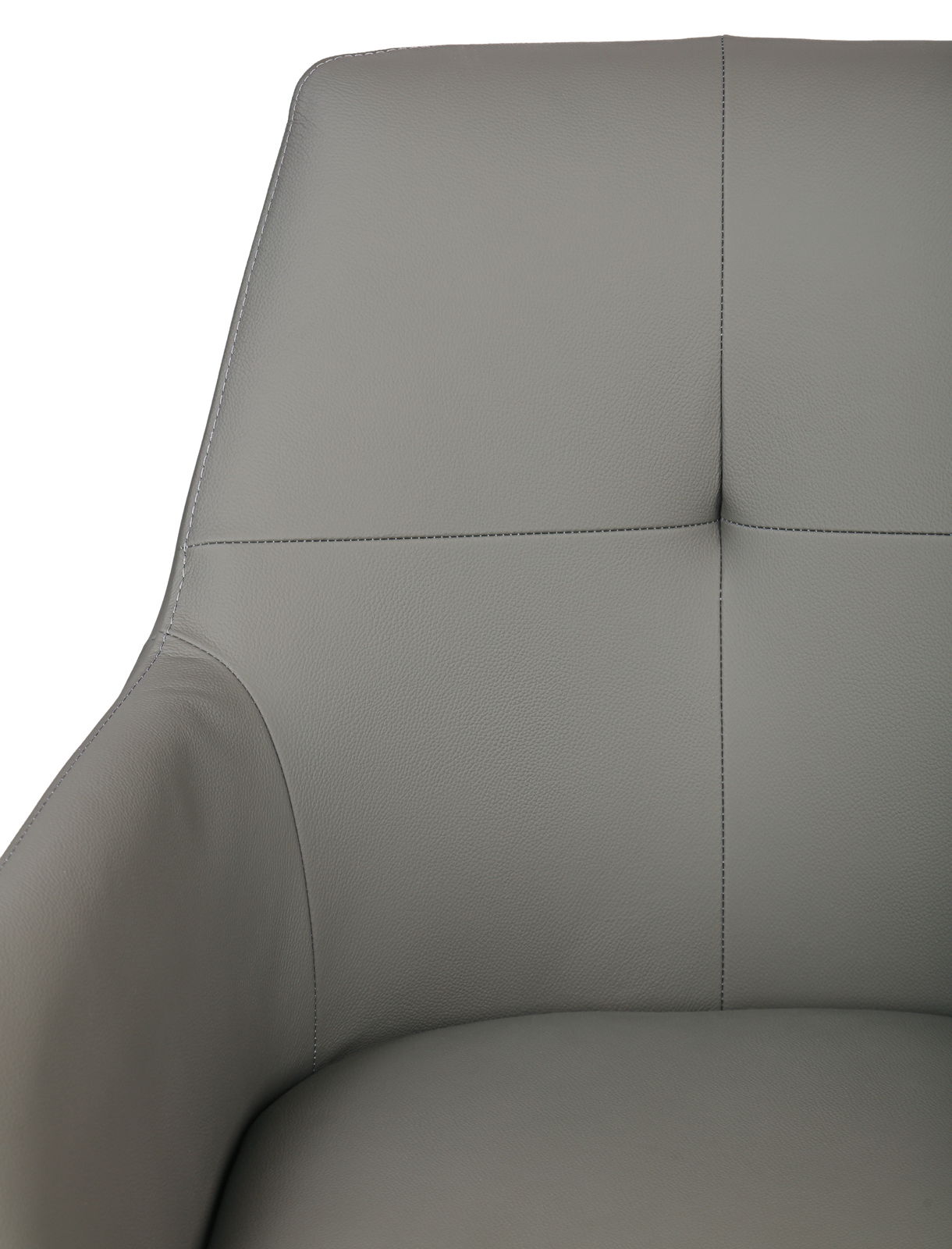Nahaufnahme eines grauen Barhockers mit gepolsterter Rückenlehne und feinen Nähten, Vorderansicht.