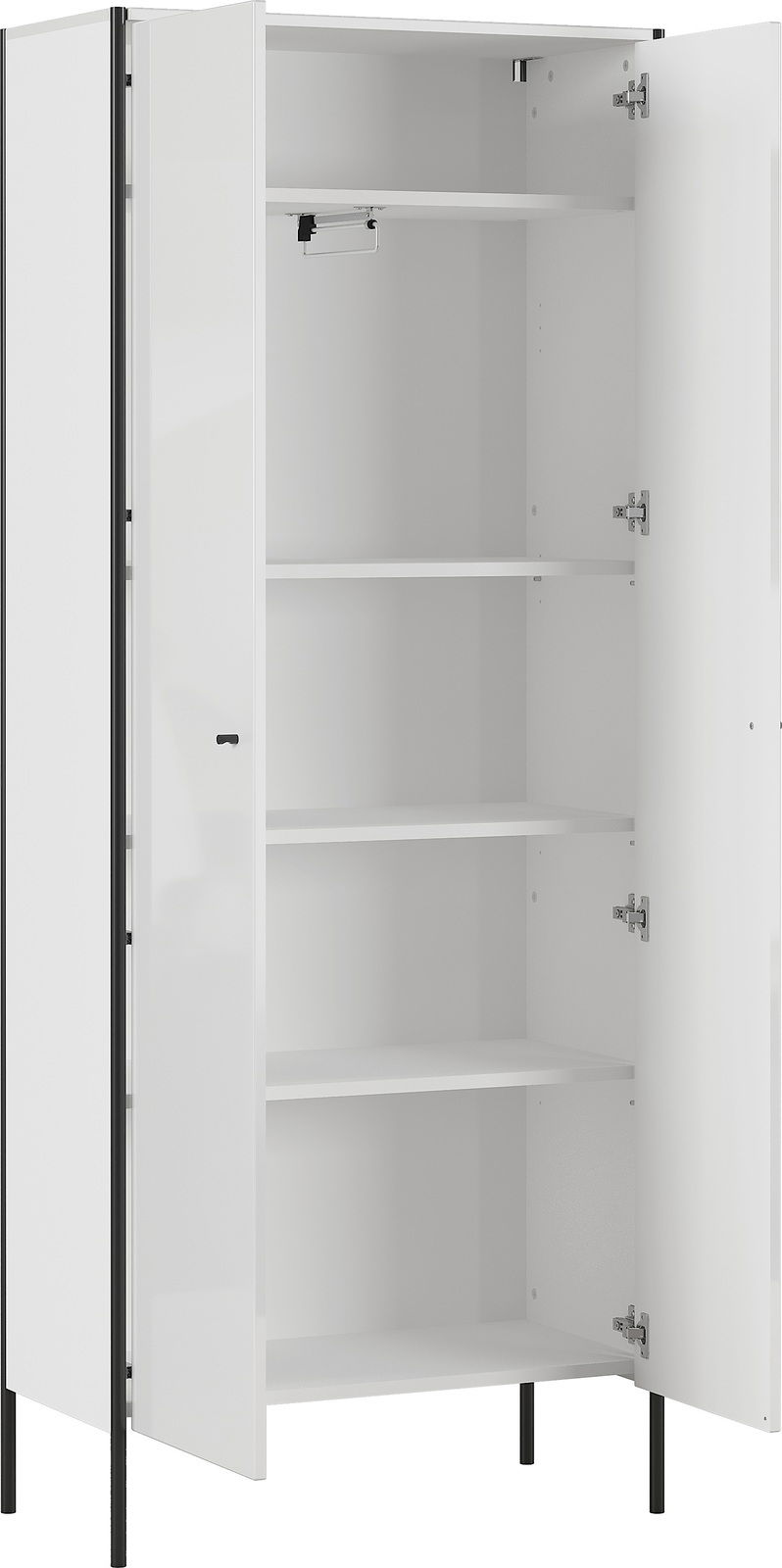 Weißer Garderobenschrank mit offenen Türen, mehrere Regalböden sichtbar, Perspektive von vorne.