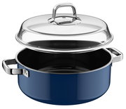 Blauer Schmortopf mit Deckel, seitliche Perspektive