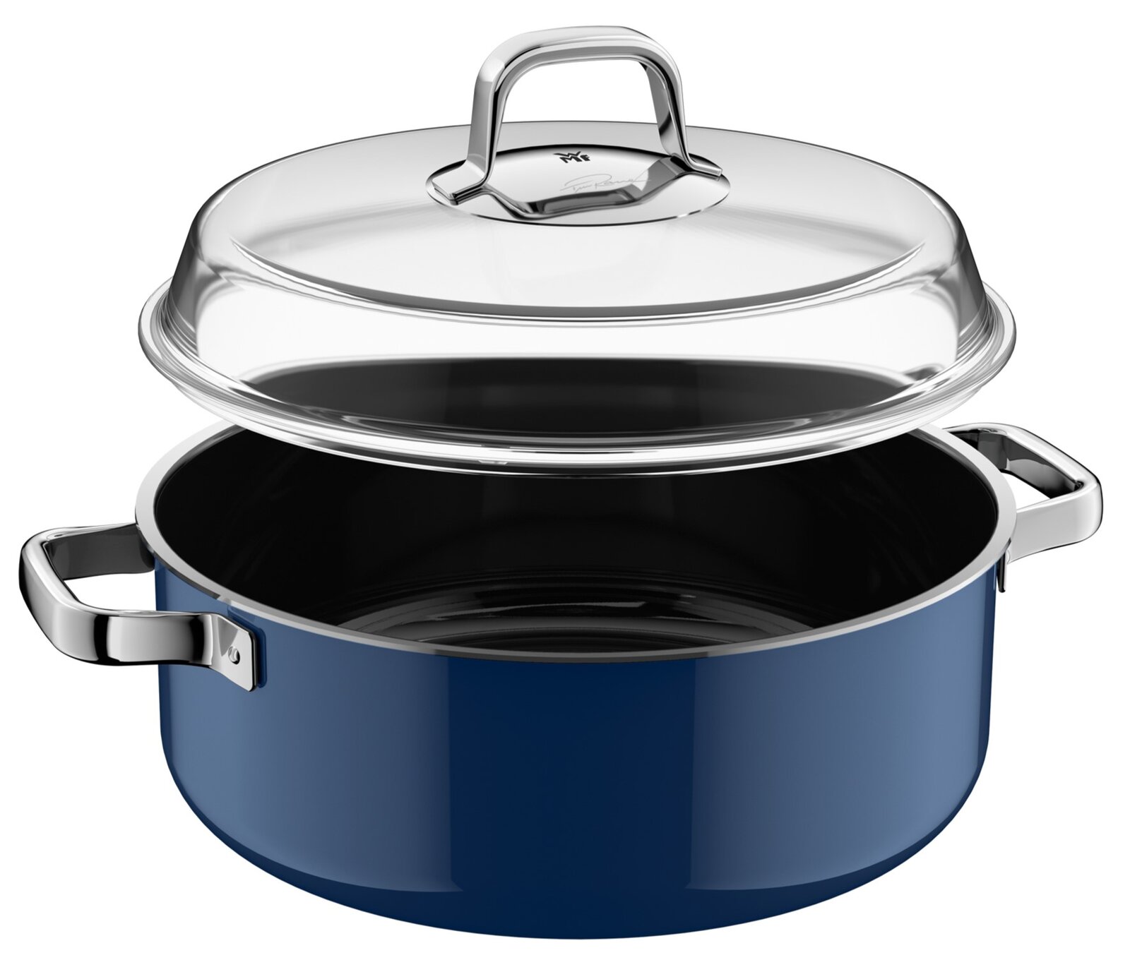 Blauer Schmortopf mit Deckel, seitliche Perspektive