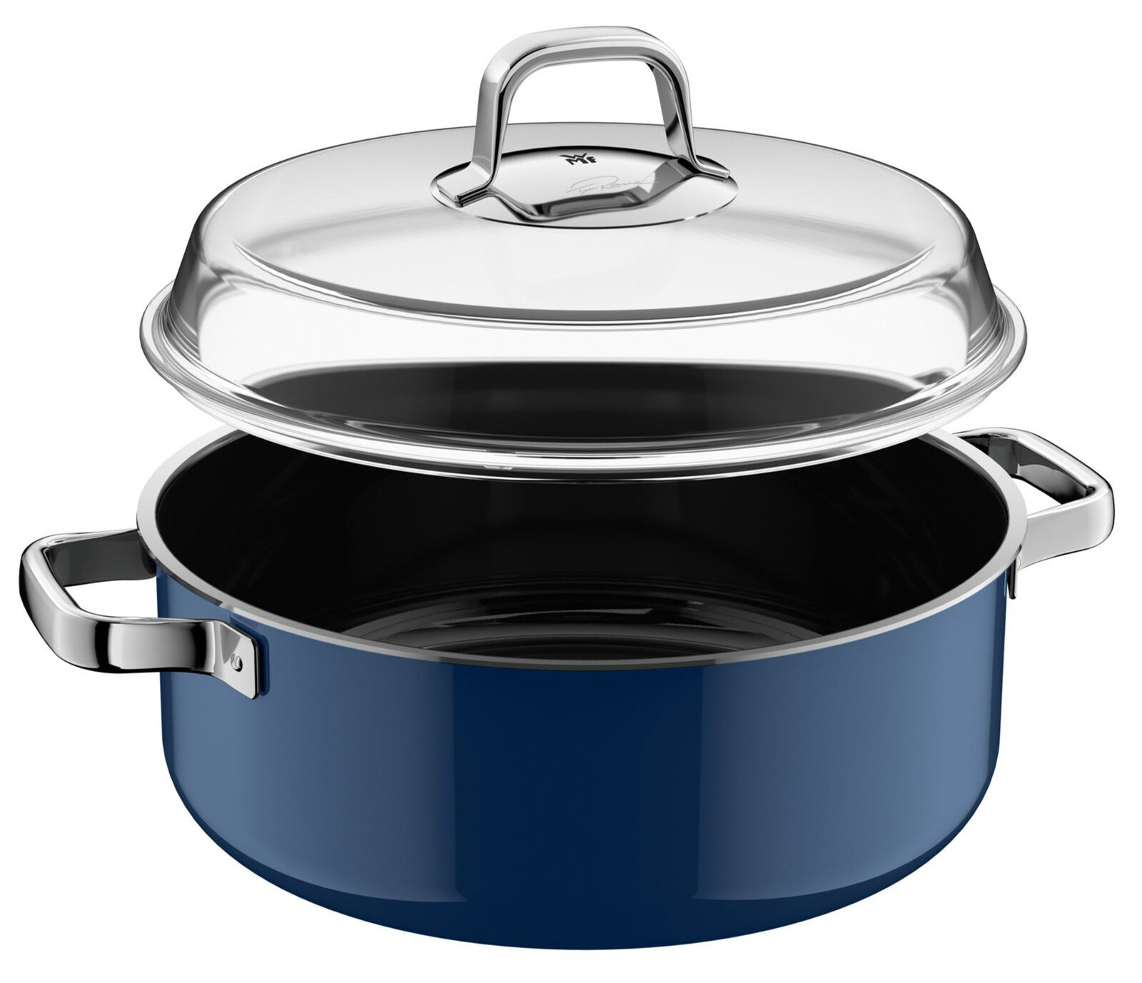 Blauer Schmortopf mit Deckel, seitliche Perspektive