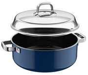 Blauer Schmortopf mit Deckel, seitliche Perspektive