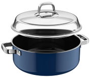 Blauer Schmortopf mit Deckel, seitliche Perspektive