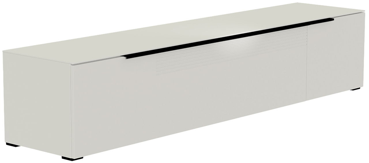 Weißes XL TV-Lowboard aus seitlicher Perspektive mit glatter Oberfläche und minimalistischem Design.