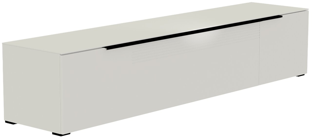Weißes XL TV-Lowboard aus seitlicher Perspektive mit glatter Oberfläche und minimalistischem Design.